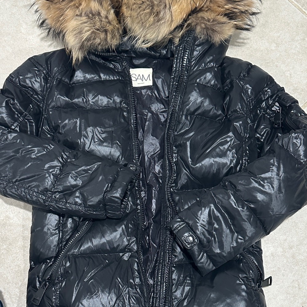 SAM Shiny Black Jacket with Fur Trim
